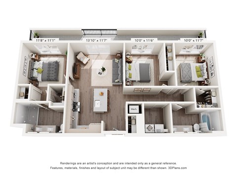 Floor plan for 3 beds, 2 baths, 1201 sqft
